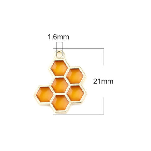 Pendants, Hexagonal, Honeycomb, Yellow, Enamel, Light Gold Alloy, 21mm - BEADED CREATIONS