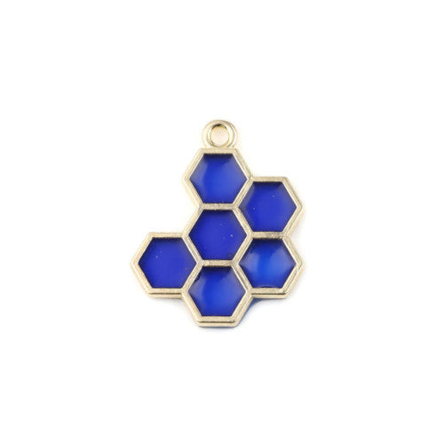Pendants, Honeycomb, Blue, Enameled, Light Gold Alloy, 21mm - BEADED CREATIONS