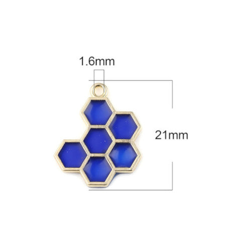 Pendants, Honeycomb, Blue, Enameled, Light Gold Alloy, 21mm - BEADED CREATIONS