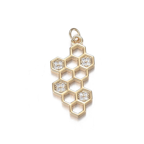 Pendants, Honeycomb, Micro Pave, 18K Gold Plated, Brass, 23mm - BEADED CREATIONS