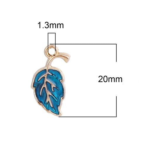 Pendants, Leaf, Single-Sided, Blue, Enameled, Gold Plated, Alloy, 20mm - BEADED CREATIONS