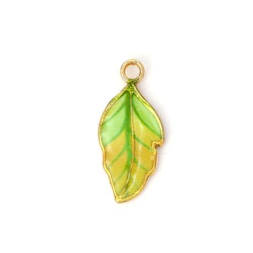 Pendants, Leaf, Single-Sided, Enameled, Gradient, Green, Gold Plated, Alloy, 22mm - BEADED CREATIONS