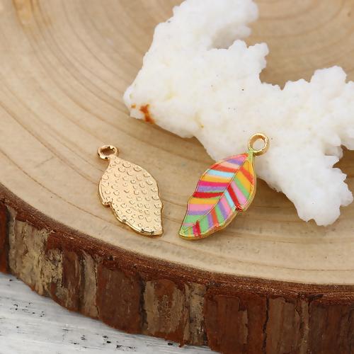 Pendants, Leaf, Single-Sided, Enameled, Multicolored, Stripes, Gold Plated, Alloy, 22mm - BEADED CREATIONS