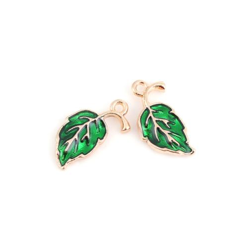 Pendants, Leaf, Single-Sided, Green, Enameled, Gold Plated, Alloy, 20mm - BEADED CREATIONS
