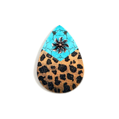 Pendants, Leatherette, Teardrop, Leopard Print With Flower, Turquoise, Brown, 5.5cm - BEADED CREATIONS