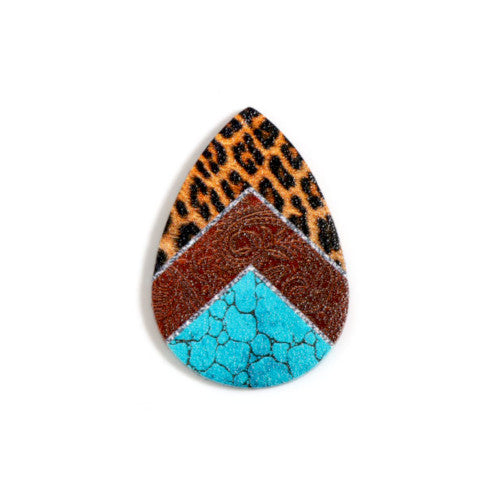 Pendants, Leatherette, Teardrop, Leopard Print, Brown, Turquoise, 5.5cm - BEADED CREATIONS