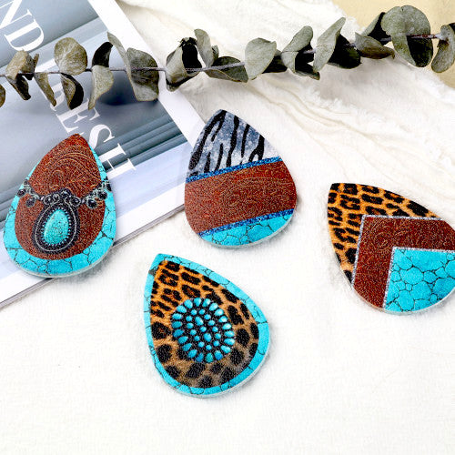 Pendants, Leatherette, Teardrop, Leopard Print, Brown, Turquoise, 5.5cm - BEADED CREATIONS