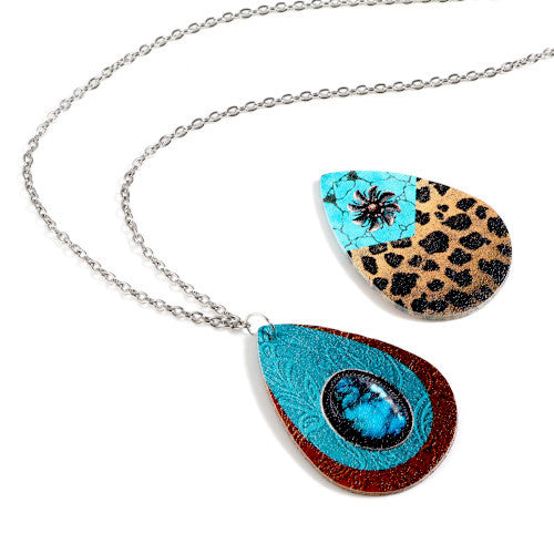 Pendants, Leatherette, Teardrop, Leopard Print, Brown, Turquoise, 5.5cm - BEADED CREATIONS