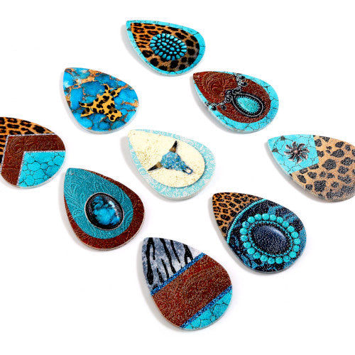 Pendants, Leatherette, Teardrop, Leopard Print, Brown, Turquoise, 5.5cm - BEADED CREATIONS