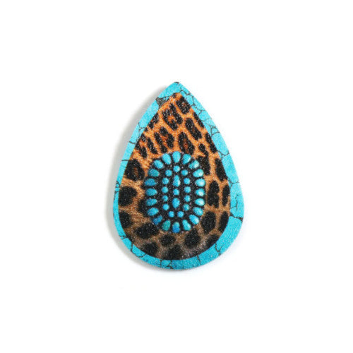 Pendants, Leatherette, Teardrop, Leopard Print, Turquoise, Brown, 5.5cm - BEADED CREATIONS