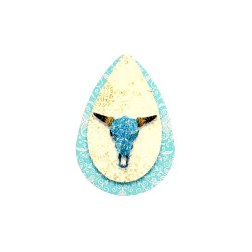 Pendants, Leatherette, Teardrop, Tau Print, Blue, Light Yellow, 5.5cm - BEADED CREATIONS