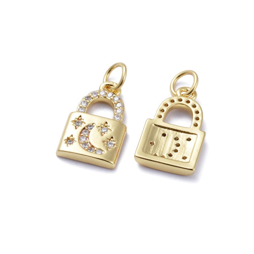 Pendants, Lock With Moon And Stars, Square, Gold Plated, Brass, Micro Pave, Clear, Cubic Zirconia, 16mm - BEADED CREATIONS