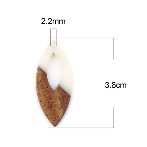 Pendants, Marquise, Walnut Wood, Resin, White, 3.8cm - BEADED CREATIONS