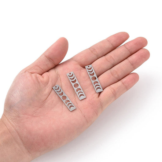 Pendants, Moon Phases, Vertical Bar, Stainless Steel, Silver, 35mm - BEADED CREATIONS