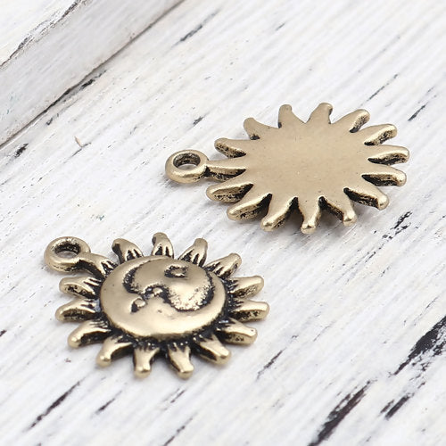 Pendants, Moon & Sun Face, Single-Sided, Antique Gold Plated, Alloy, 21mm - BEADED CREATIONS