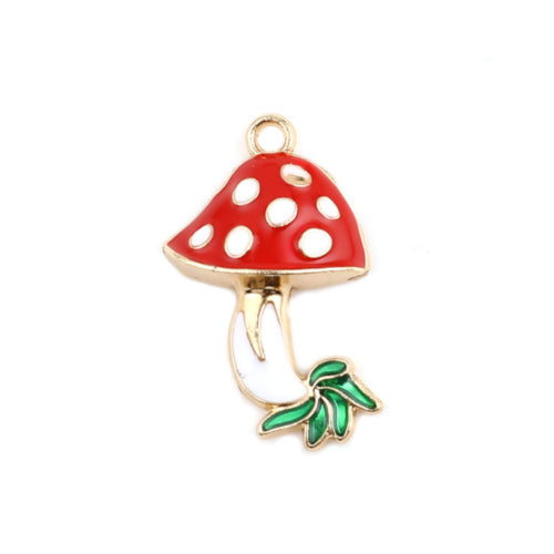 Pendants, Mushroom, Single-Sided, White, Red, Green, Enameled ,Gold Plated, Alloy, 26mm - BEADED CREATIONS