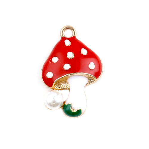 Pendants, Mushroom, White, Red, Enameled, With Imitation Pearl, Single-Sided, Gold Plated, Alloy, 23mm - BEADED CREATIONS