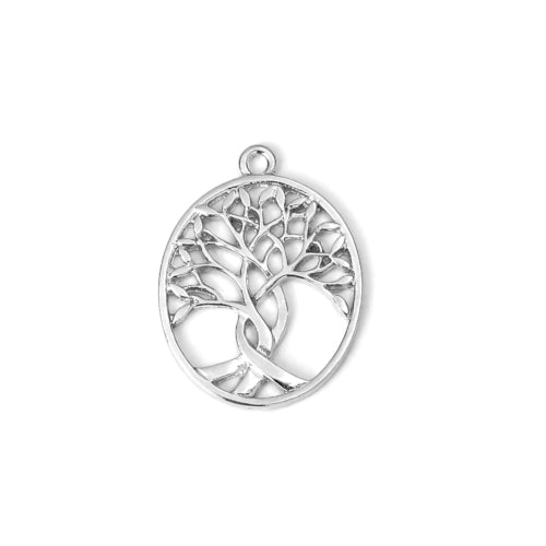 Pendants, Oval, Cut-Out, Tree Of Life, Silver, Alloy, 32mm - BEADED CREATIONS