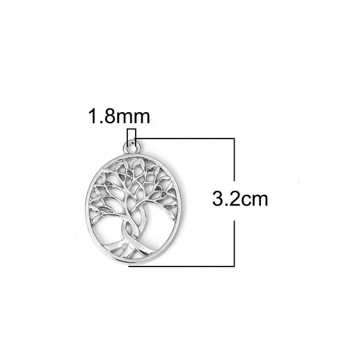 Pendants, Oval, Cut-Out, Tree Of Life, Silver, Alloy, 32mm - BEADED CREATIONS