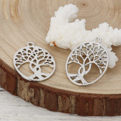 Pendants, Oval, Cut-Out, Tree Of Life, Silver, Alloy, 32mm - BEADED CREATIONS