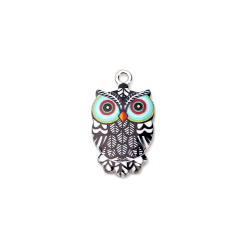Pendants, Owl, Single-Sided, Black, Blue, Enameled, Silver Plated, Alloy, 23mm - BEADED CREATIONS