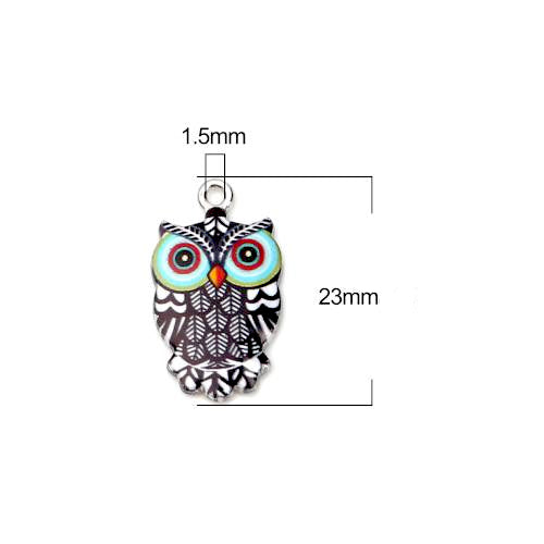 Pendants, Owl, Single-Sided, Black, Blue, Enameled, Silver Plated, Alloy, 23mm - BEADED CREATIONS
