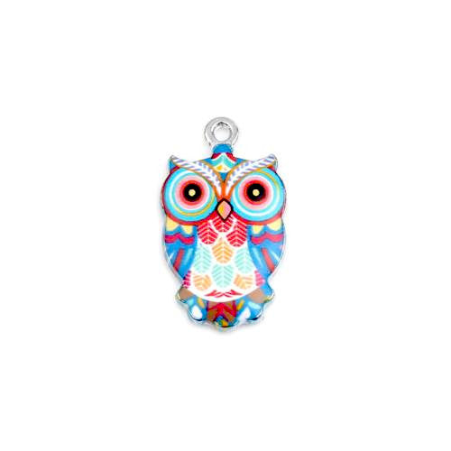 Pendants, Owl, Single-Sided, Blue, Enameled, Silver Plated, Alloy, 23mm
