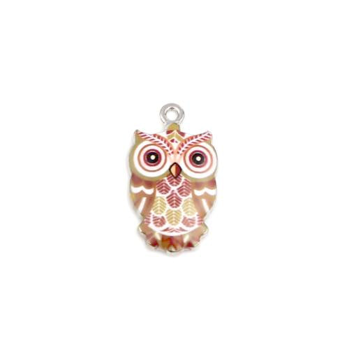 Pendants, Owl, Single-Sided, Brown, Green, Enameled, Silver Plated, Alloy, 23mm - BEADED CREATIONS