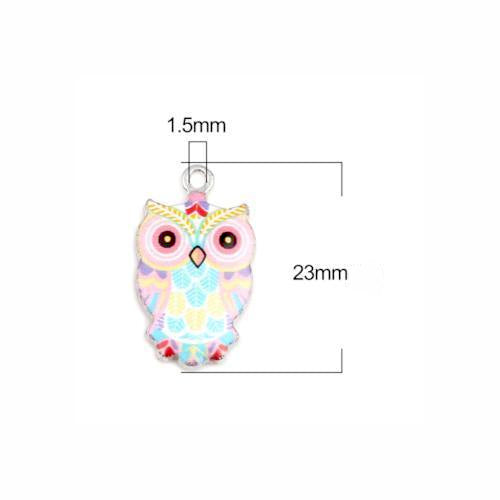 Pendants, Owl, Single-Sided, Pink, Blue, Enameled, Silver Plated, Alloy, 23mm - BEADED CREATIONS