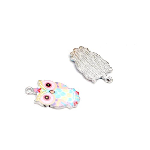 Pendants, Owl, Single-Sided, Pink, Blue, Enameled, Silver Plated, Alloy, 23mm - BEADED CREATIONS