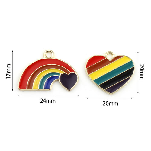Pendants, Rainbow And Heart, Single-Sided, Enameled, Light Gold Alloy, 20-24mm - BEADED CREATIONS