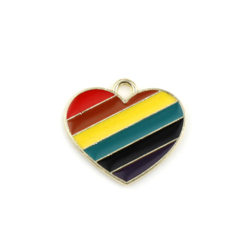 Pendants, Rainbow Heart, Single-Sided, Enameled, Light Gold Alloy, 20-24mm - BEADED CREATIONS