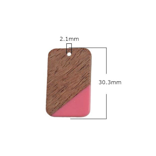 Pendants, Rectangle, Walnut Wood, Pink, Resin, 30.3mm - BEADED CREATIONS