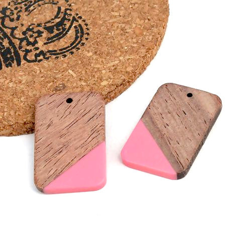 Pendants, Rectangle, Walnut Wood, Pink, Resin, 30.3mm - BEADED CREATIONS