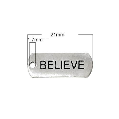 Pendants, Rectangle, With Word Believe, Antique Silver, Alloy, 21mm - BEADED CREATIONS