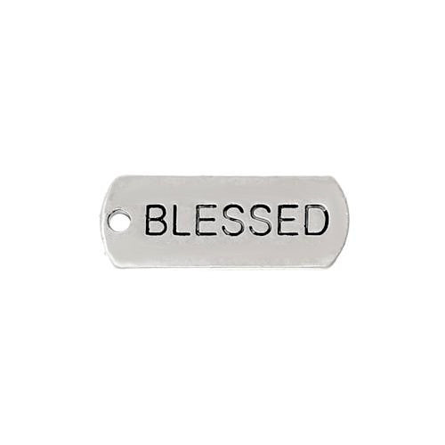 Pendants, Rectangle, With Word Blessed, Antique Silver, Alloy, 21mm - BEADED CREATIONS