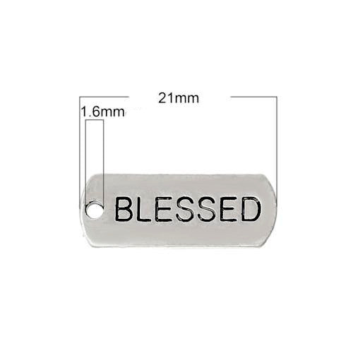 Pendants, Rectangle, With Word Blessed, Antique Silver, Alloy, 21mm - BEADED CREATIONS