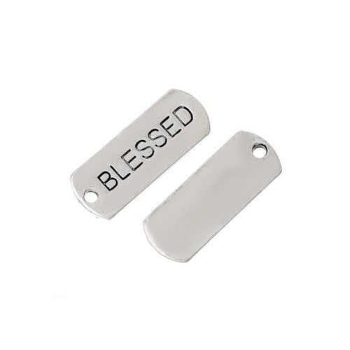 Pendants, Rectangle, With Word Blessed, Antique Silver, Alloy, 21mm - BEADED CREATIONS