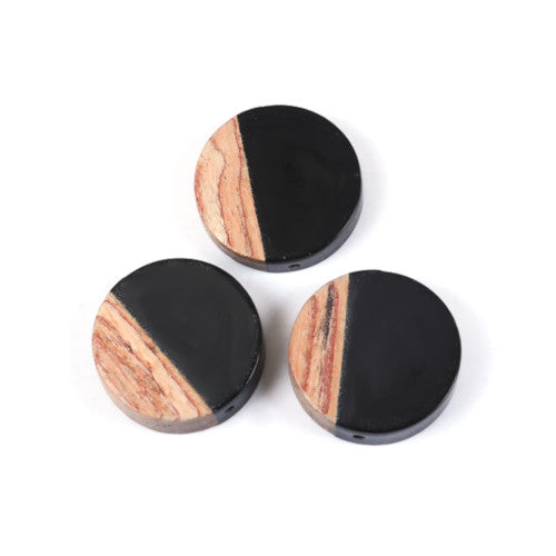 Pendants, Round, Coin, Walnut Wood, Resin, Black, 24mm - BEADED CREATIONS
