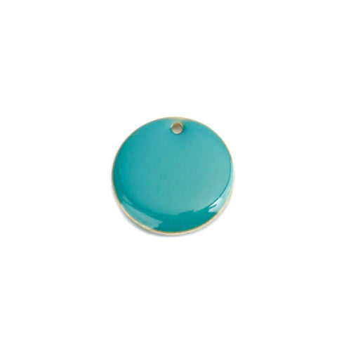 Pendants, Round, Flat, Double-Sided, Aqua Blue, Enameled, Gold Plated, Brass, 16mm - BEADED CREATIONS