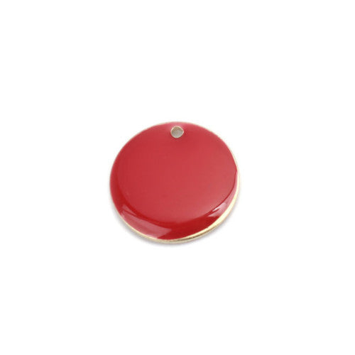 Pendants, Round, Flat, Double-Sided, Red, Enameled, Gold Plated, Brass, 16mm - BEADED CREATIONS