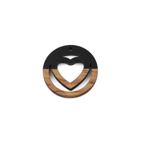 Pendants, Round, Laser-Cut, Heart, Black, Wood And Resin, Focal, 25mm - BEADED CREATIONS
