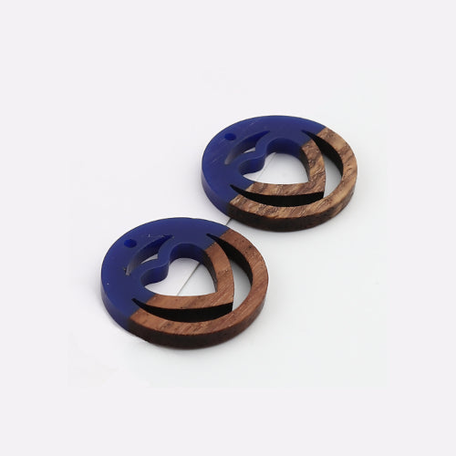 Pendants, Round, Laser-Cut, Heart, Dark Blue, Wood And Resin, Focal, 25mm - BEADED CREATIONS
