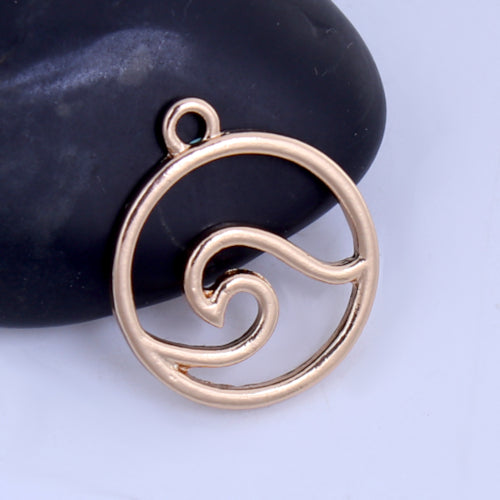 Pendants, Round, Ocean Wave Design, Cut-Out, Light Gold Alloy, 24mm - BEADED CREATIONS