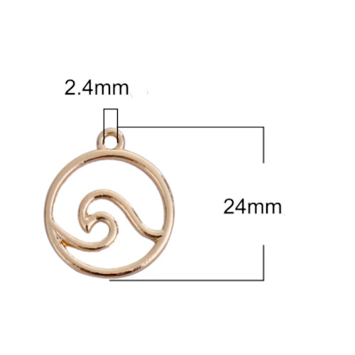 Pendants, Round, Ocean Wave Design, Cut-Out, Light Gold Alloy, 24mm - BEADED CREATIONS