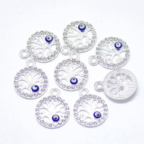 Pendants, Round, Tree of Life, Rhinestones, Blue, Enameled, Evil Eye, Silver, Alloy, 17mm - BEADED CREATIONS