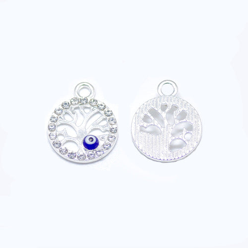 Pendants, Round, Tree of Life, Rhinestones, Blue, Enameled, Evil Eye, Silver, Alloy, 17mm - BEADED CREATIONS