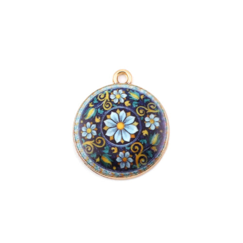 Pendants, Round, Vintage, Floral, Single-Sided, Blue, Enameled, Light Gold, Alloy, 23mm - BEADED CREATIONS