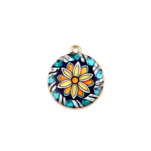 Pendants, Round, Vintage, Floral, Single-Sided, Blue, Yellow, Enameled, Light Gold, Alloy, 23mm - BEADED CREATIONS