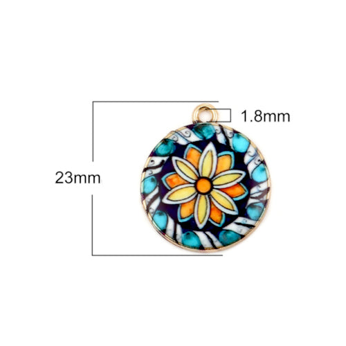 Pendants, Round, Vintage, Floral, Single-Sided, Blue, Yellow, Enameled, Light Gold, Alloy, 23mm - BEADED CREATIONS